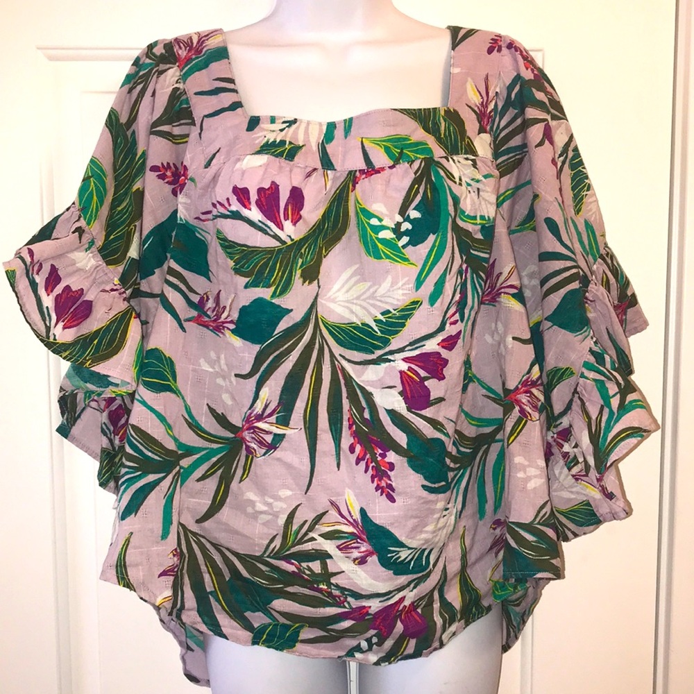 OX Square neck flowy blouse with flutter ruffle sleeves